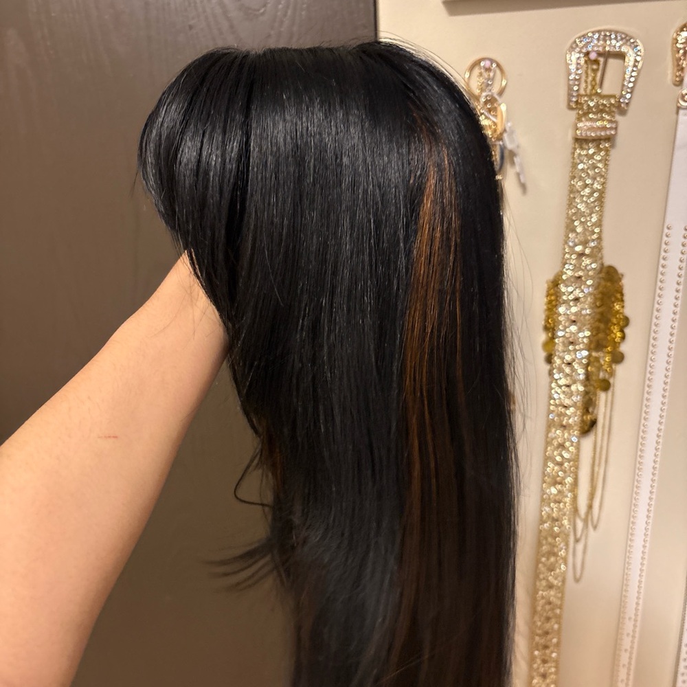 Premium Black Women's Straight Hair Wig with Brown Highlights